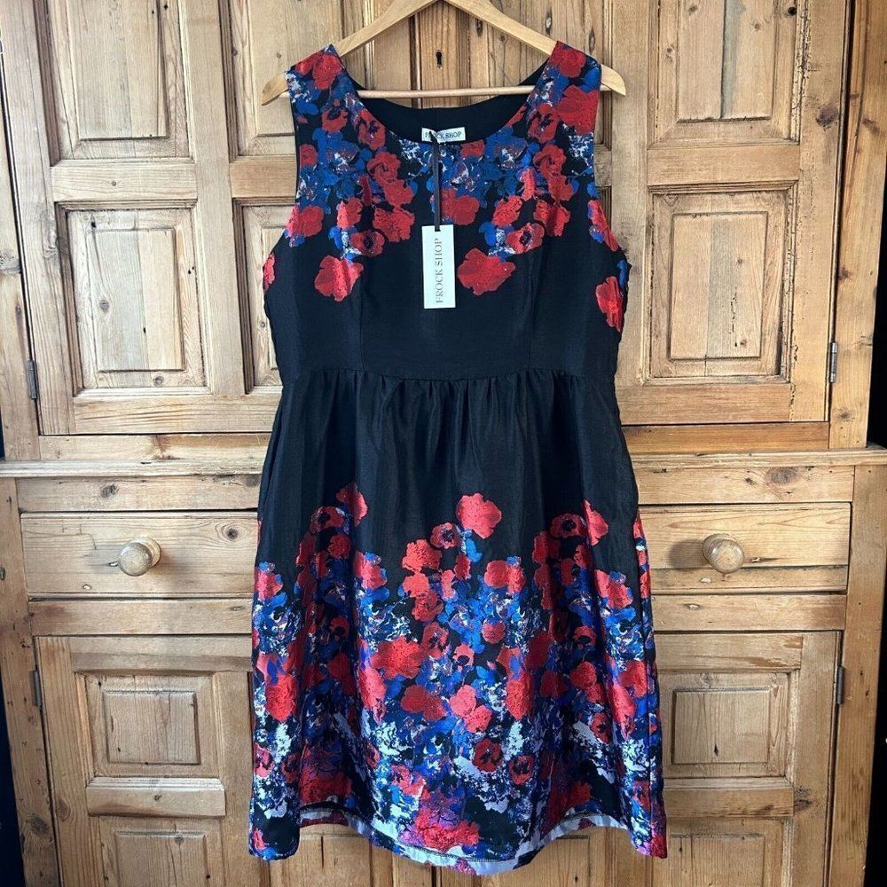 Frock Shop Sz XL Sleeveless Dark Floral‎ Dress Tank Black Red Pockets Office New